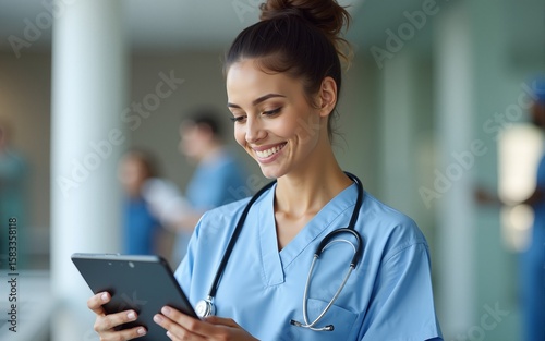 Tablet, woman and doctor with telehealth, research and wellness support at hospital with tech. Digital, smile and online medical advice with clinic app for planning and web results for consultation