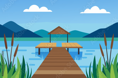 empty boat dock near lake village with reeds
