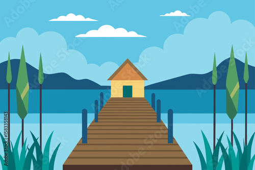 empty boat dock near lake village with reeds
