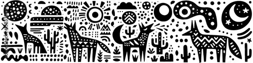 Hand-Drawn Coyote Illustration, Wild Animal Tribal Folk Art Style Vector for Desert Wildlife Themes Design