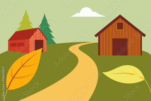 leaf strewn trail between wooden homes and barns