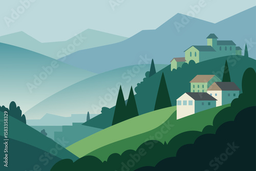 hillside view of a calm  foggy valley village