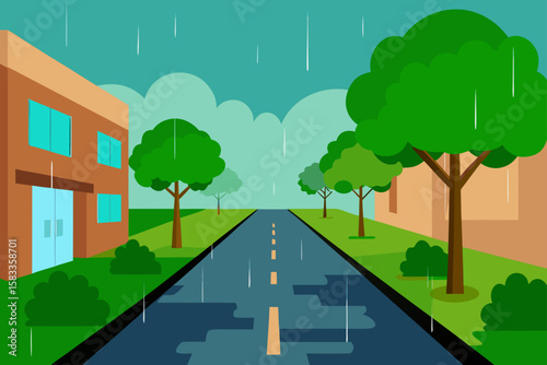 quiet urban street after rain with green trees