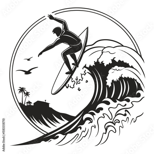 Vector art of a surfer rides a wave isolated on white background