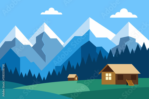remote cabin village with mountain background