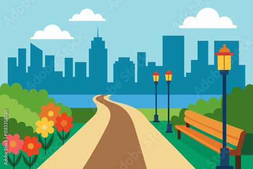 riverwalk path with flowers and benches by city