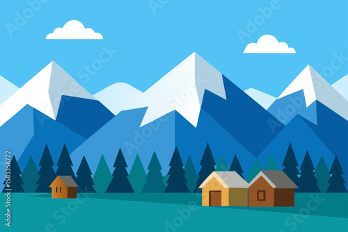 remote cabin village with mountain background