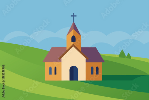 small chapel at edge of village in field