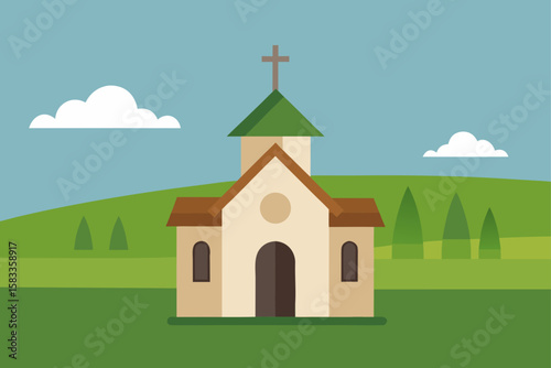 small chapel at edge of village in field