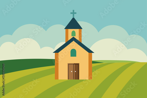 small chapel at edge of village in field