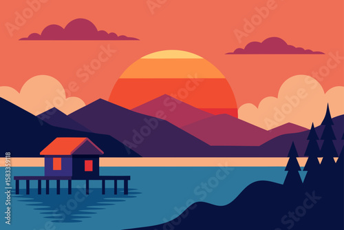 sunset behind a lakeside village