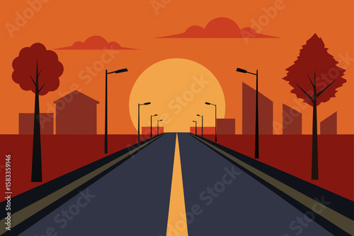 sunset over quiet city street lined with trees