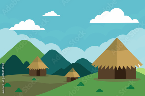 thatched roof homes in open valley with cloudy