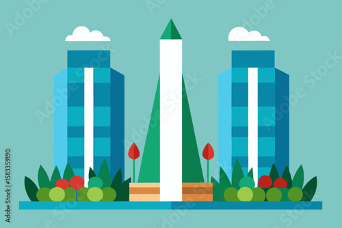 urban garden between two tall glass towers