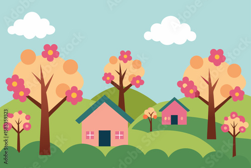 village orchard with blooming peach trees