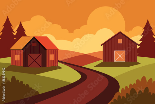 wooden barns near village trail under warm sunsed