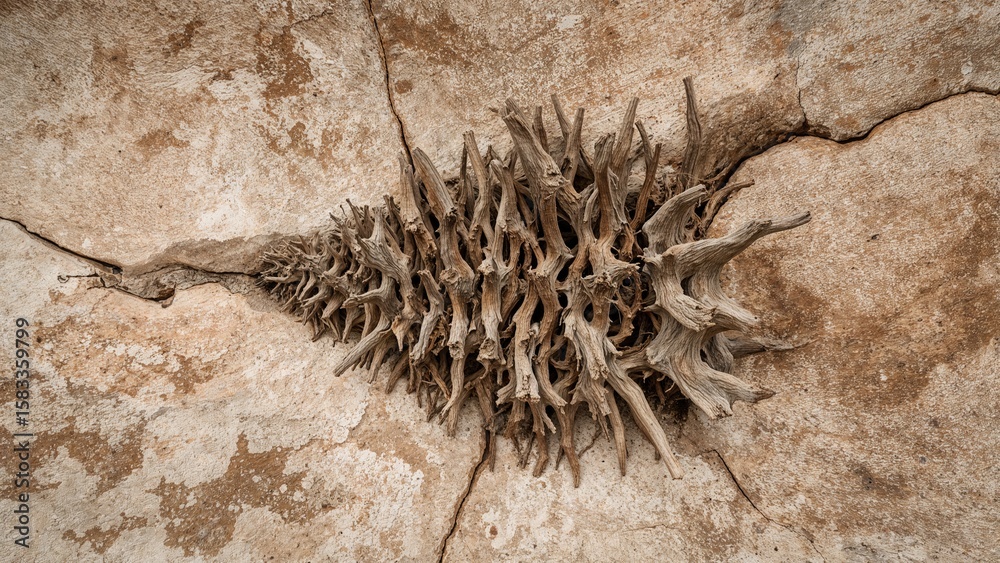 Fototapeta premium Ancient Bristlecone Pine Root Embedded in Textured Limestone Surface with Natural Patterns and Cracks