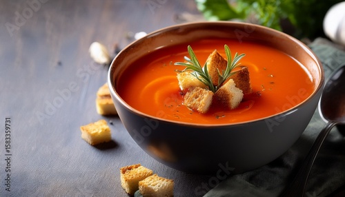 autumn soup delight a warm bowl of tomato soup beautifully adorned with golden croutons and fresh herbs captures the essence of a comforting fall meal a culinary photograph evokes warmth