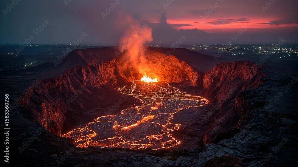 Fototapeta premium Molten lava flows within a volcanic crater at dusk.