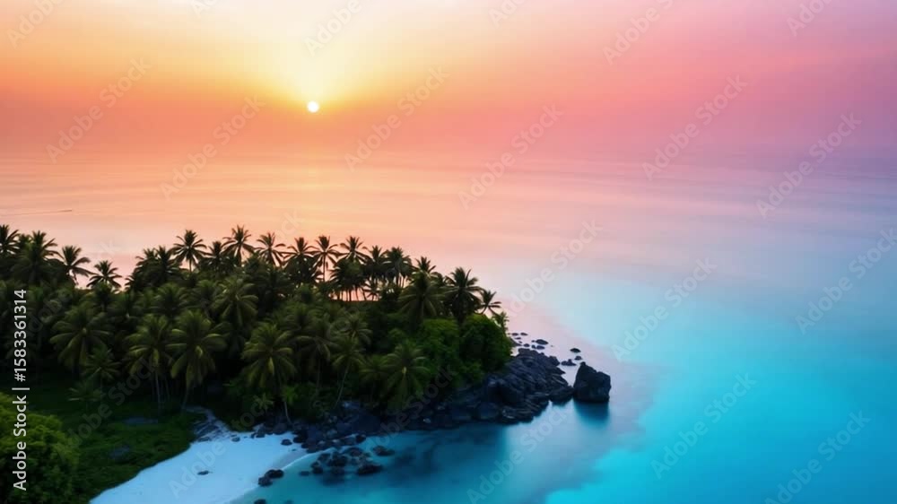 Aerial View of a Tropical Island with Palm Trees and Turquoise Waters at sunset, 4k video