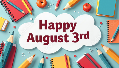 Happy August 3rd greeting with school supplies and colorful stationery