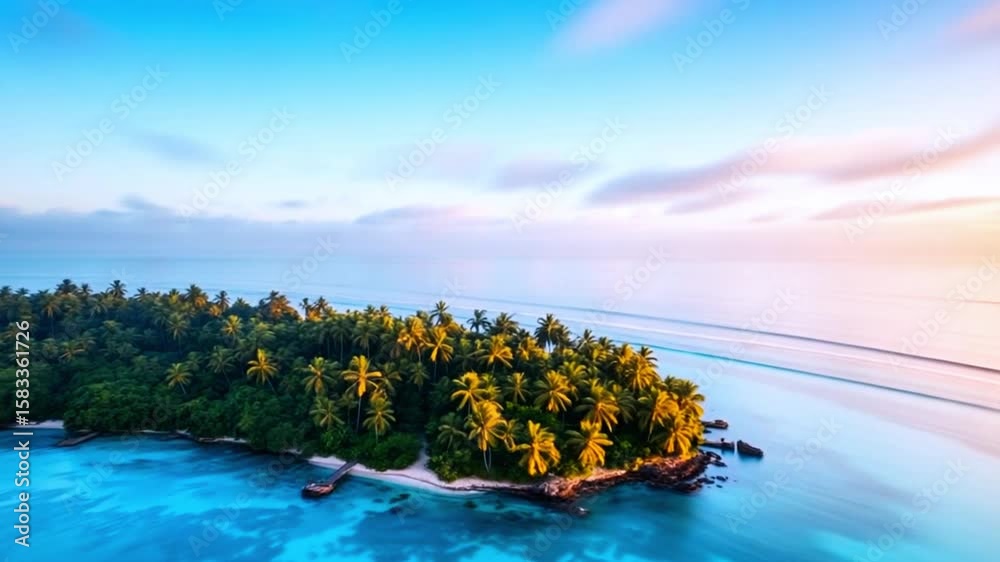 Aerial View of a Tropical Island with Palm Trees and Turquoise Waters at sunset, 4k video