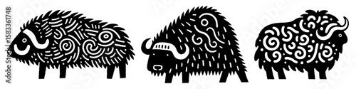Hand-Drawn Musk Ox Illustration, Arctic Mammal Tribal Folk Art Style Vector for Tundra Wildlife Themes Design