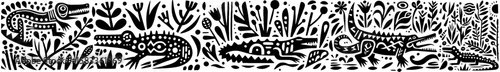 Hand-Drawn Alligator Illustration, Swamp Reptile Tribal Folk Art Style Vector for Wetland Wildlife Themes Design