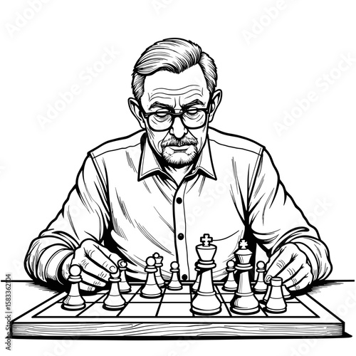 Senior man playing chess, strategy focus, mental challenge