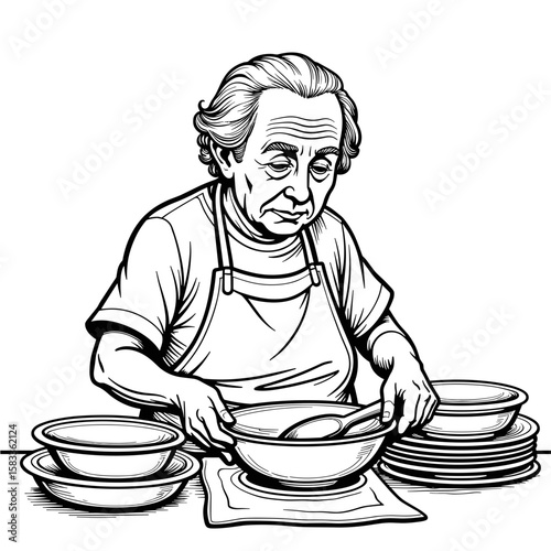 Elderly man washing dishes at home – kitchen chores