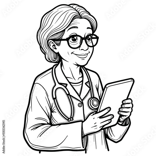 Elderly doctor holding tablet – Telemedicine care for seniors, healthcare