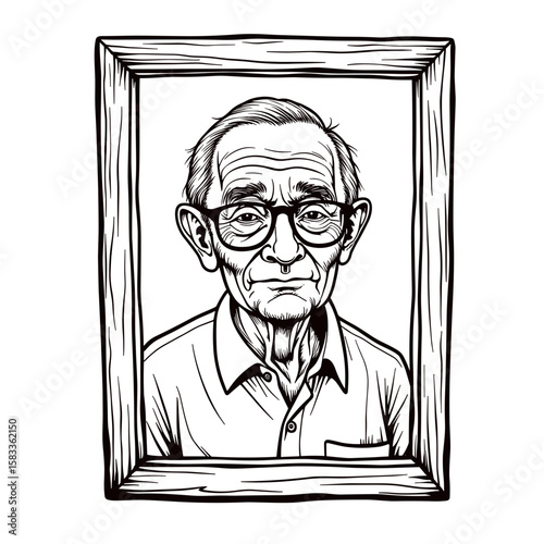 Elderly man portrait in wooden frame – Family memories, nostalgia