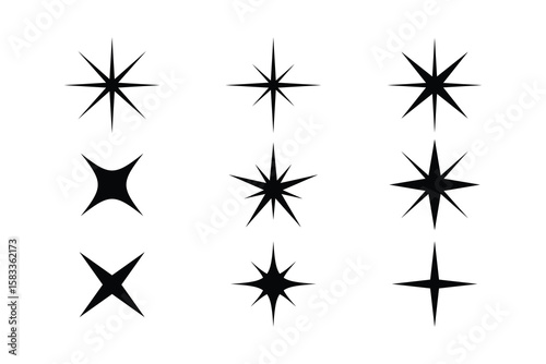 sparkle star icon set simple style vector illustration of shiny twinkle effects silhouette collection of black stars isolated on white background