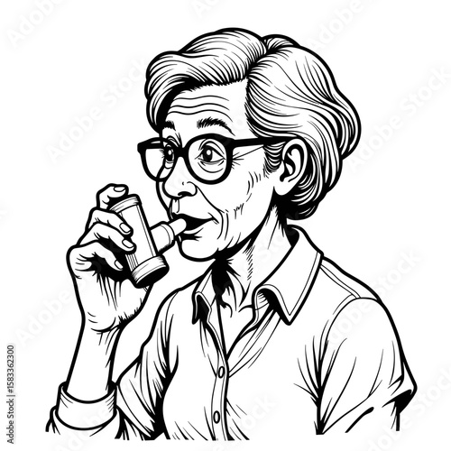 Elderly woman using inhaler – Asthma management, health awareness