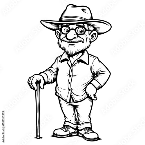 Senior man with cane and hat, smiling character illustration