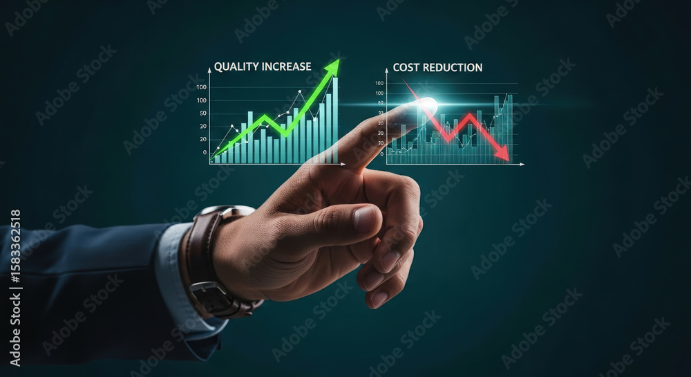 Obraz premium Business Growth Strategy: Hand Pointing to Quality Increase and Cost Reduction Charts for Financial Success and Data Analysis, Visual Presentation