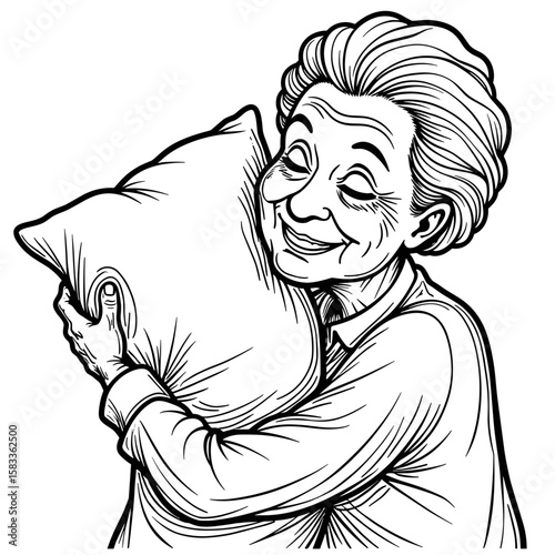 Elderly woman hugging pillow, comfort and warmth