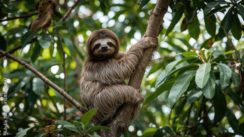 Fototapeta premium A slow-moving sloth resting on a branch high up