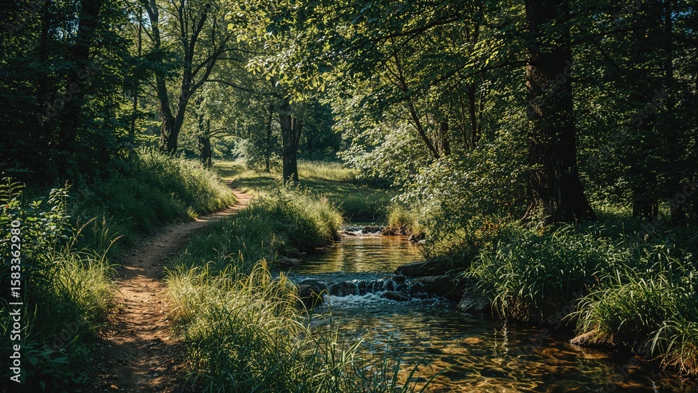 Obraz premium A route through verdant forest next to a babbling brook