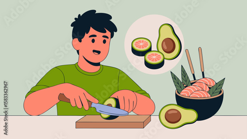 Minimalist Vector SVG Illustration of a Person Preparing Sushi with Avocado and Salmon in Flat Design Style Featuring Green and Pink Colors
