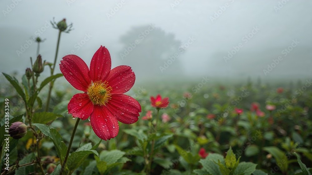 Fototapeta premium A red untamed flower flourished in the rainy period