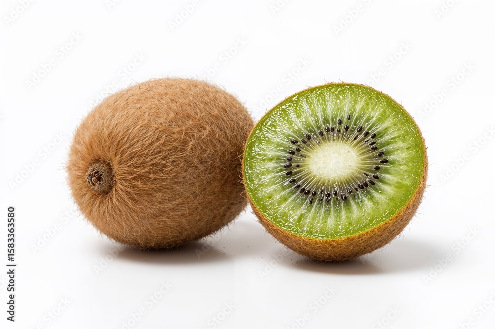 Fototapeta premium Exotic kiwi fruit composition showing whole and halved pieces on clean white backdrop