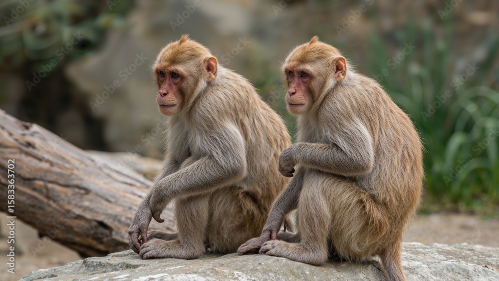 A pair of macaque monkeys enjoying a sunny day at an animal park A pair of macaque monkeys enjoying a sunny day at an animal park