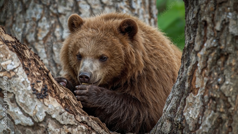 Fototapeta premium A sloth bear feeding on termites within tree bark