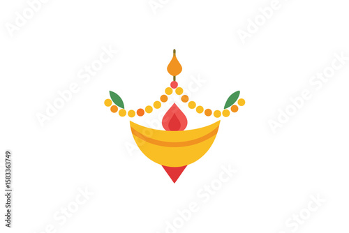 Antique Diya with decorative garden garland traditional lamp vector art illustration
