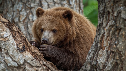 A sloth bear feeding on termites within tree bark