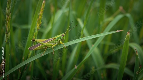 An insect sitting atop grass within a rice plantation