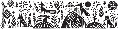 Hand-Drawn Fox and Mountain Illustration, Wildlife Scene Tribal Folk Art Style Vector for Nature and Adventure Themes Design