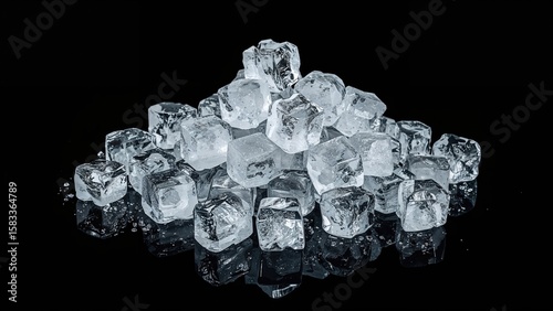 Collection of genuine ice cubes on a black canvas. Emphasizing purity and coolness.