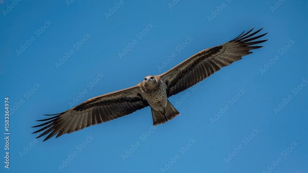 Obraz premium A grand bird flying high with its wings fully extended against a clear blue backdrop
